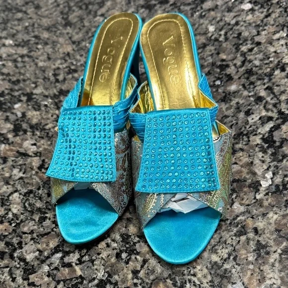 Vogue Turquoise and Gold Embellished Heels EUC 39 - Picture 4 of 16